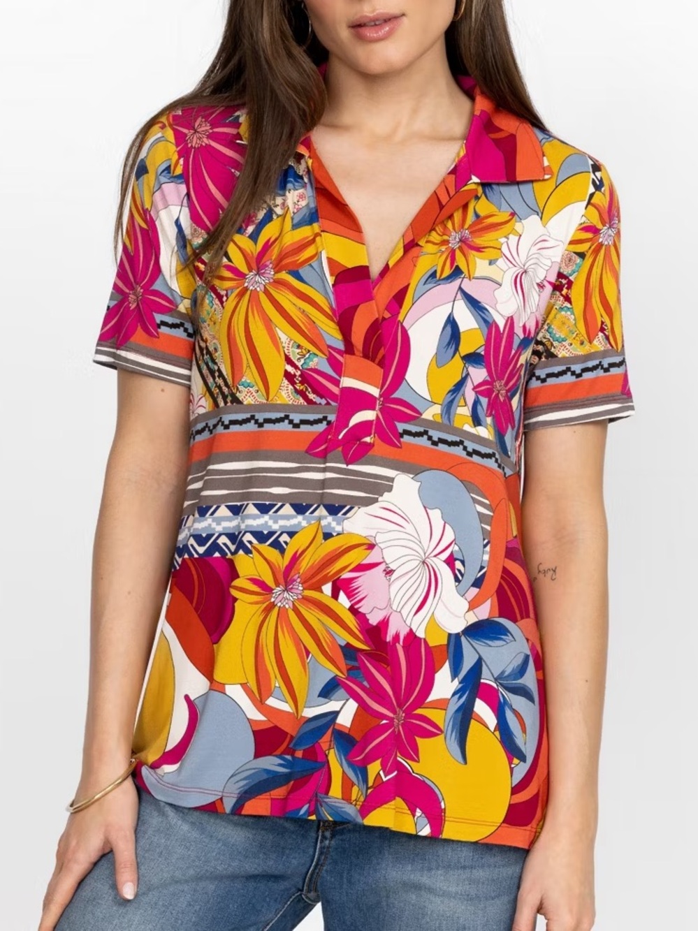 Johnny Was Women’s Rachel May Short Sleeve Swing Polo Shirt
